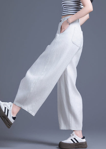 Beige Zippered Solid Elastic Waist Linen Wide Leg Pants