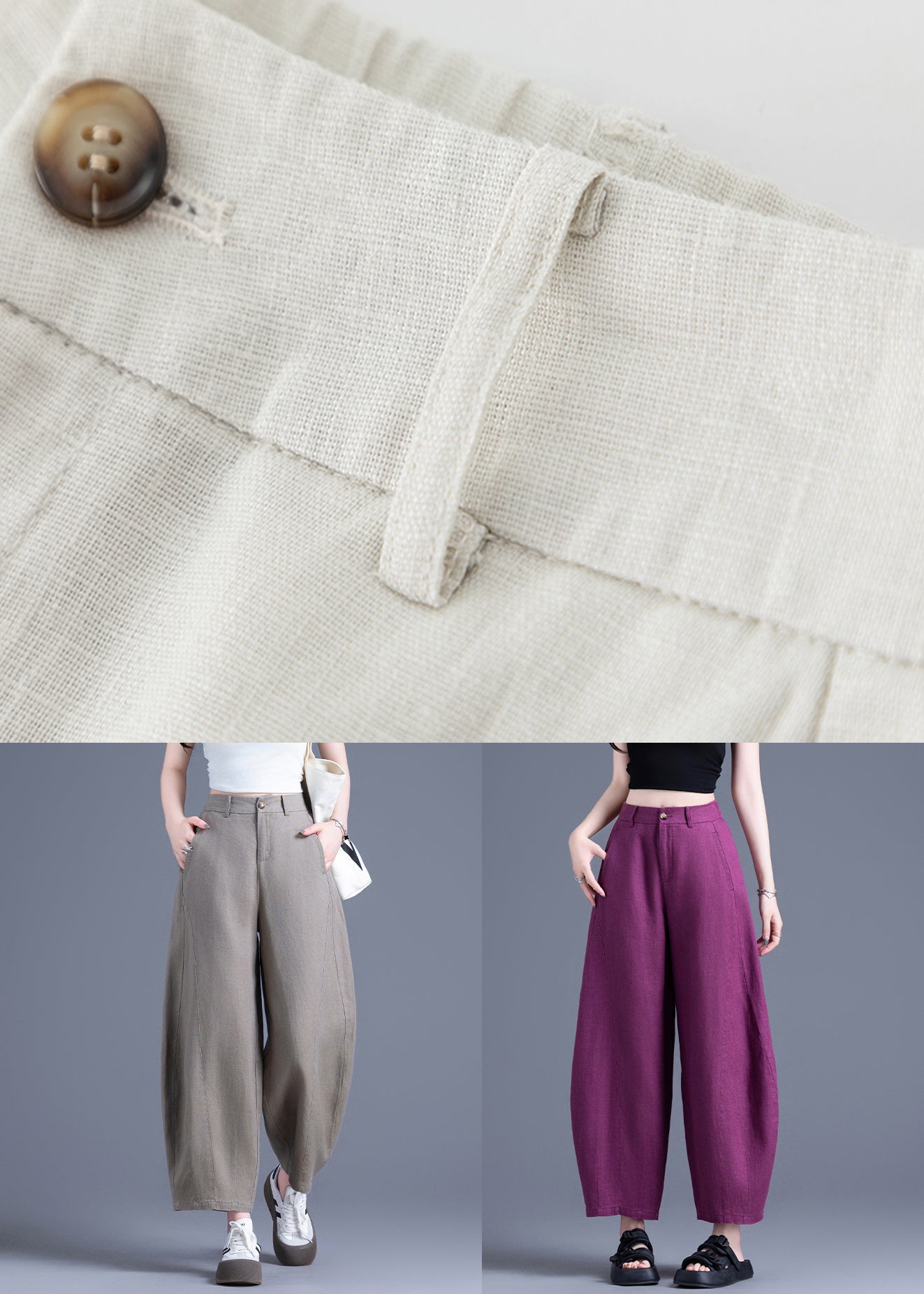 Beige Zippered Solid Elastic Waist Linen Wide Leg Pants