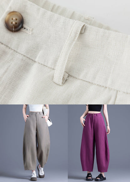 Beige Zippered Solid Elastic Waist Linen Wide Leg Pants