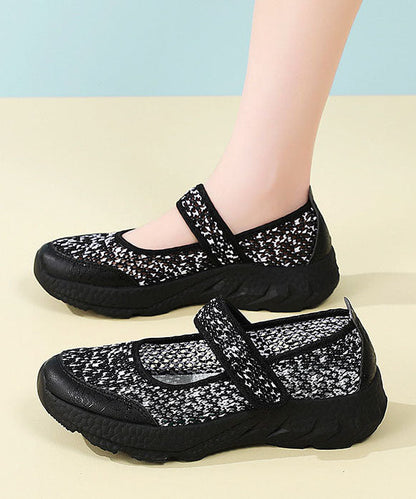Black Breathable Mesh Flat Feet Shoes Splicing Buckle Strap