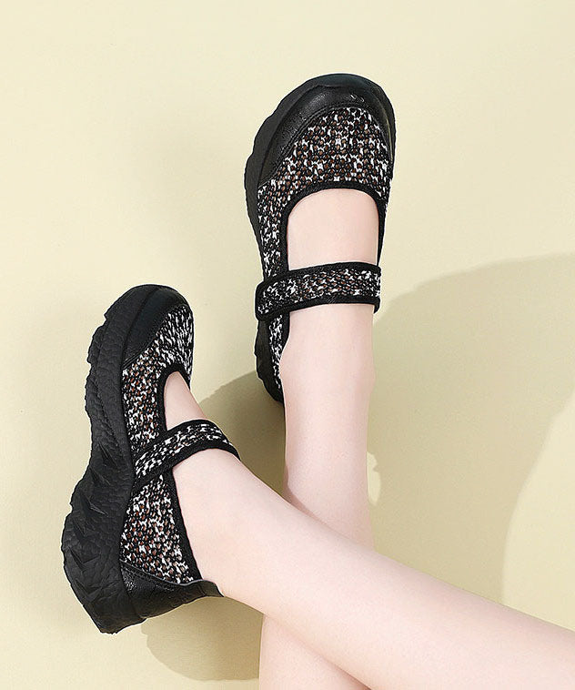 Black Breathable Mesh Flat Feet Shoes Splicing Buckle Strap