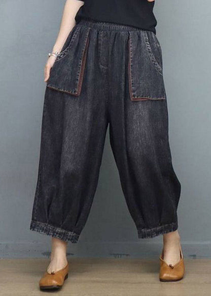 Black Elastic Waist Crop Wide Leg Jeans