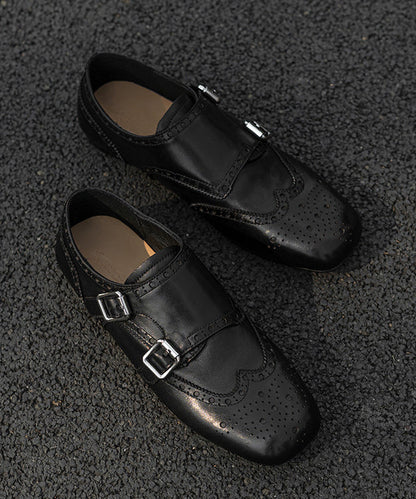 Black Embossed Cowhide Leather Splicing Loafers For Women