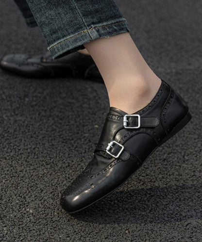 Black Embossed Cowhide Leather Splicing Loafers For Women