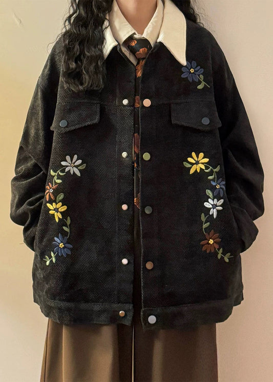 Black Embroidered Button Patchwork Cotton Coats Peter Pan Collar