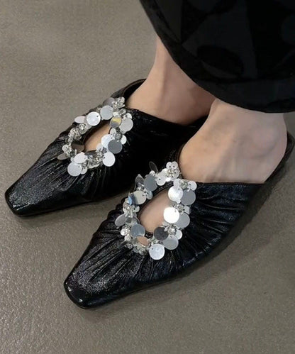 Black Faux Leather Wrinkled Sequins Splicing Slide Sandals