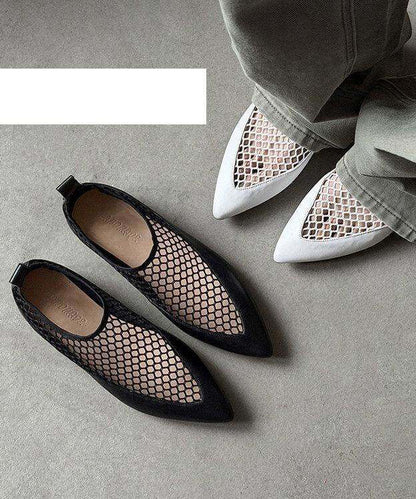 Black Flat Shoes Fashion Tulle Splicing Cowhide Leather Pointed Toe