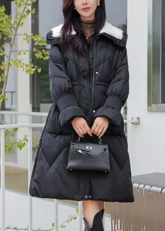 Black Fur Collar Pockets Elastic Waist Maxi Parka Winter