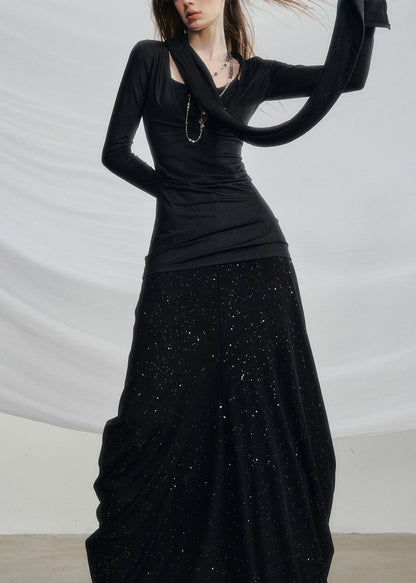 Black High Waist Solid Cotton Two Pieces Set Hollow Out