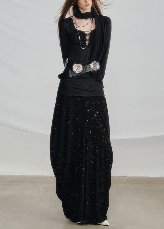 Black High Waist Solid Cotton Two Pieces Set Hollow Out