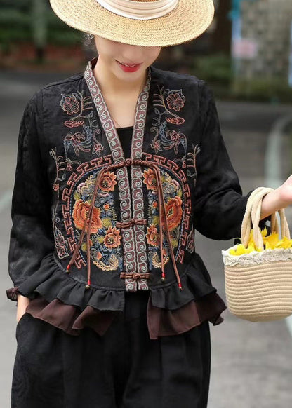Black Jacquard Silk Shirts Embroidered Ruffles Bracelet Sleeve
