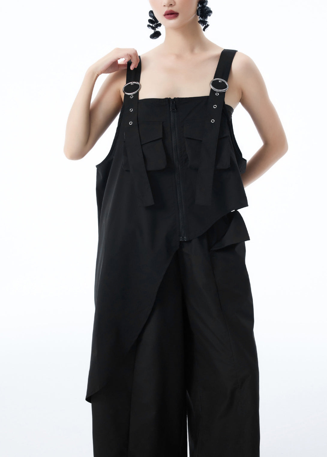 Black Patchwork Stylish Top Shirt Asymmetrical Pockets Summer