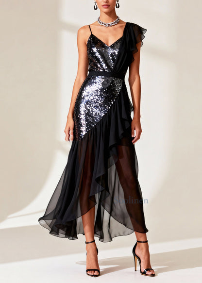 Black Patchwork Tulle Vestidos Dresses Sequins Asymmetrical Design Summer