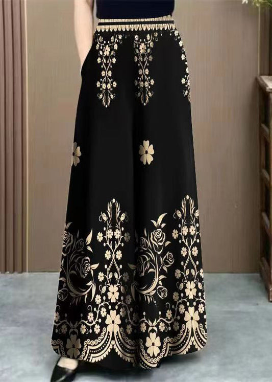 Black Pockets Elastic Waist Cotton Pants Print