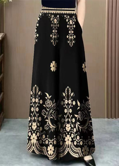 Black Pockets Elastic Waist Cotton Pants Print