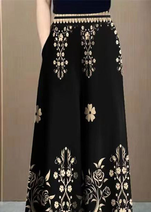 Black Pockets Elastic Waist Cotton Pants Print