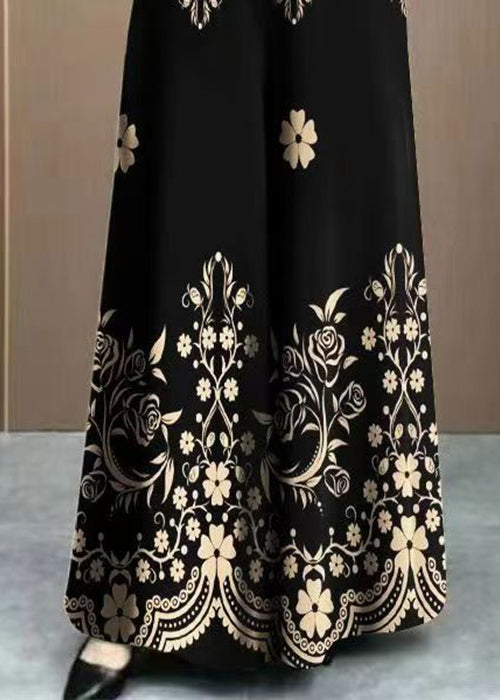 Black Pockets Elastic Waist Cotton Pants Print