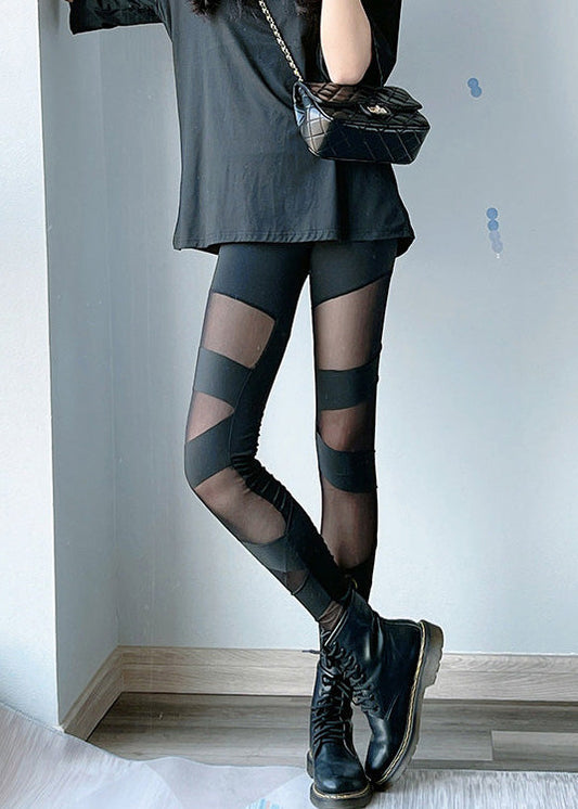 Black Thin Tulle Spliced High Waist Dri Fit Leggings