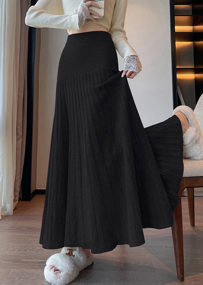 Black Wrinkled Knit A Line Skirts High Waist