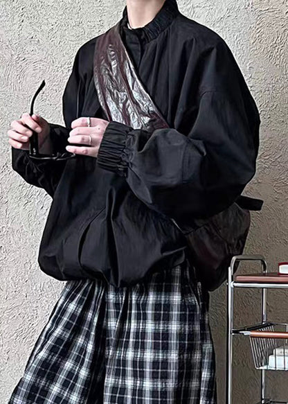 Black Zippered Patchwork Solid Jacket Spring