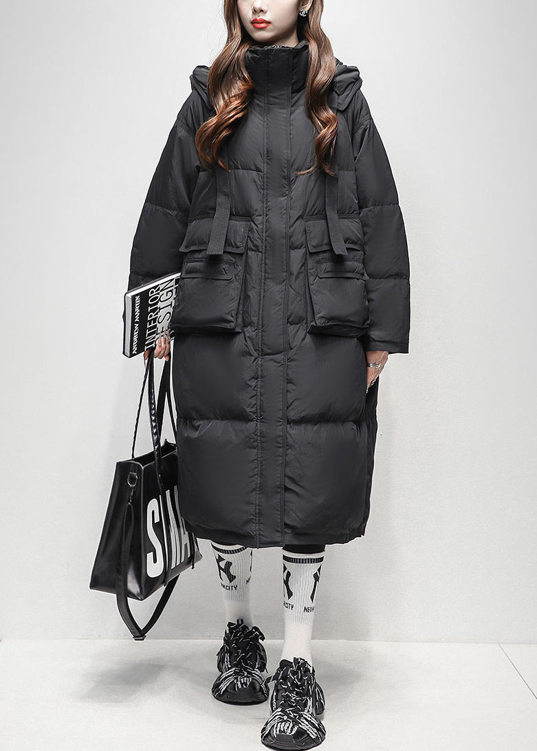 Black Zippered Pockets Duck Down Winter Down Long Coat Hooded