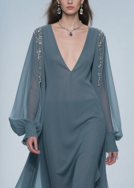 Blue Original Design Solid Chiffon Dress V Neck Lantern Sleeve