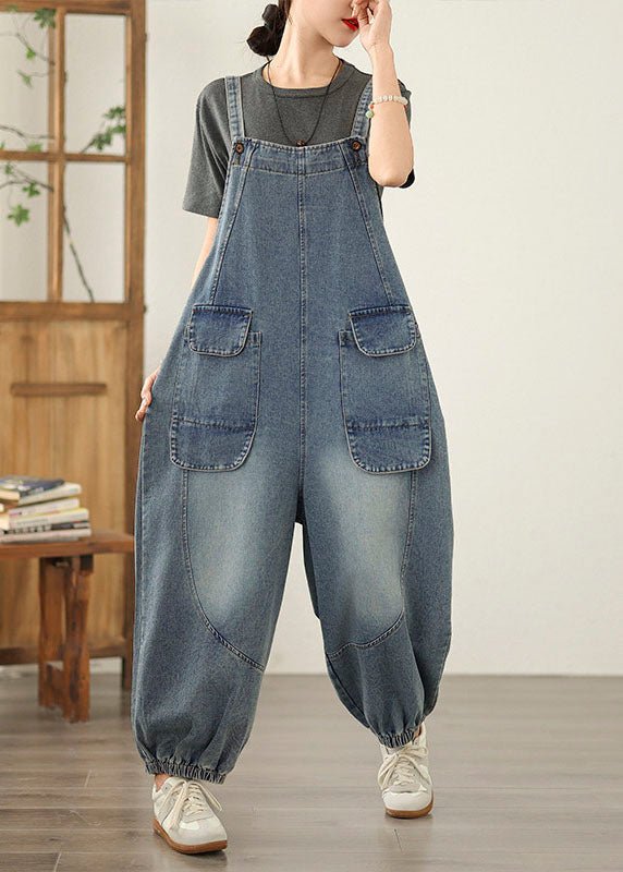 Blue Patchwork Casual Denim Jumpsuit Pockets Spring