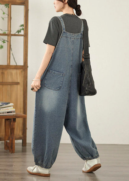 Blue Patchwork Casual Denim Jumpsuit Pockets Spring