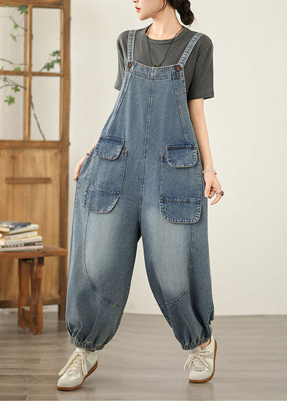 Blue Patchwork Casual Denim Jumpsuit Pockets Spring
