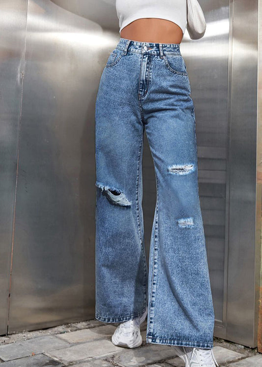 Blue Patchwork Pockets Ripped Denim Pants Fall