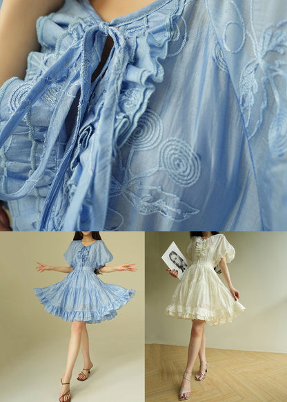 Blue Ruffled Shirts And Skirts Silk Cotton Summer Two Pieces Set Embroidered