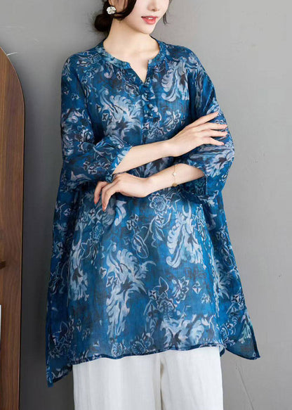 Blue Side Open Long Linen Shirts Fall
