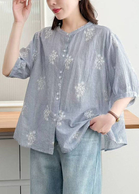 Blue Striped Cotton Loose Shirt Embroidered Summer