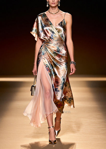 Bohemian Beige Asymmetrical Patchwork Chiffon Ankle Dress Summer