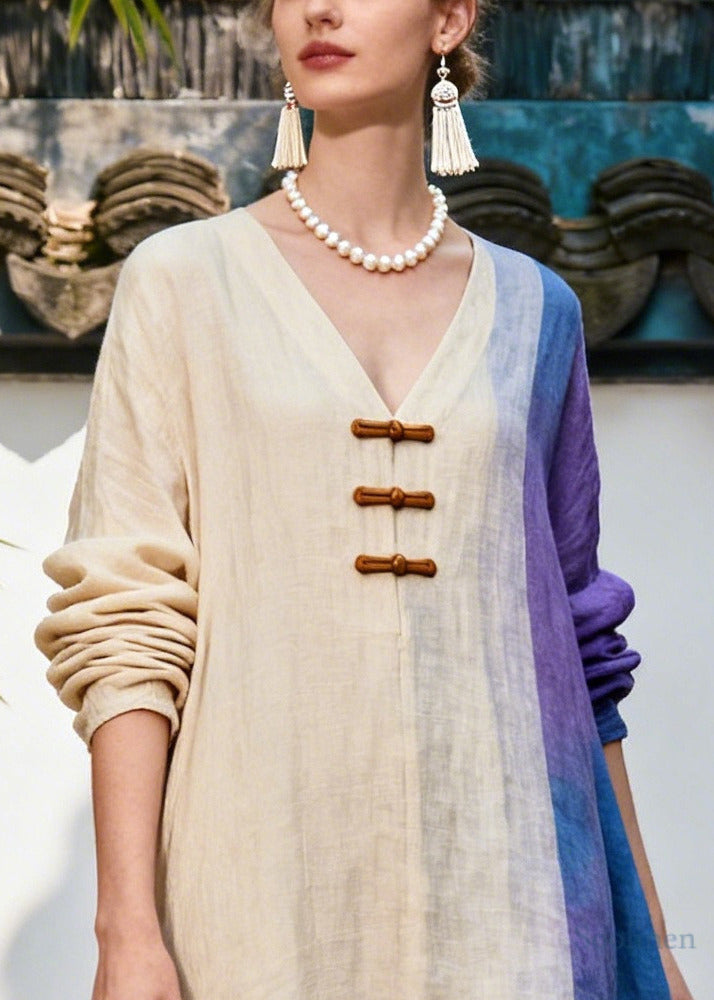 Bohemian Beige Asymmetrical Patchwork Chinese Button Cotton Dress Summer