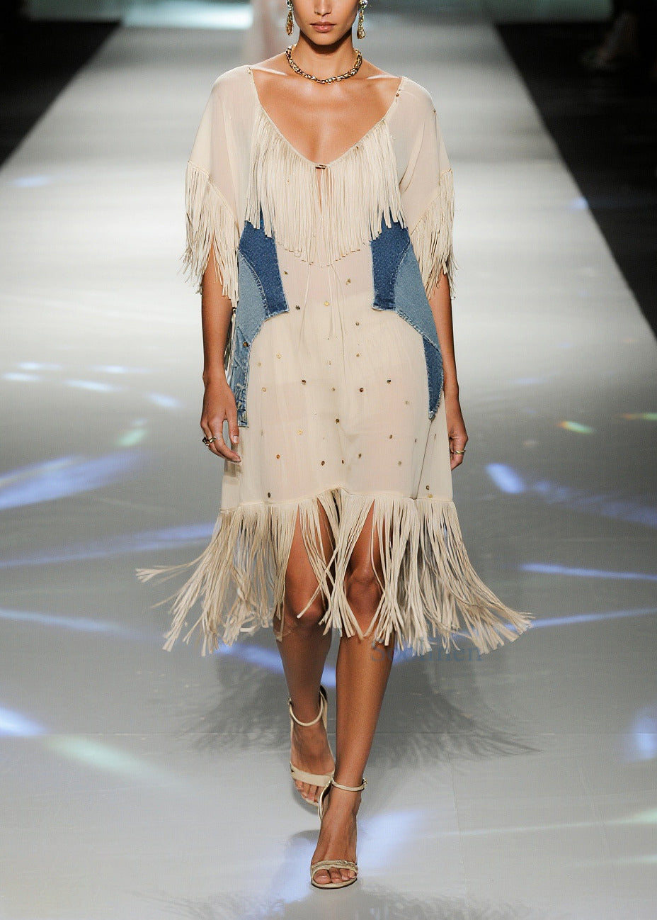 Bohemian Beige Tasseled Patchwork Chiffon Vacation Dress Summer
