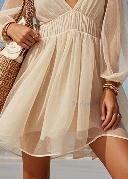 Bohemian Beige V Neck Cinched Tulle Mini Dresses Summer