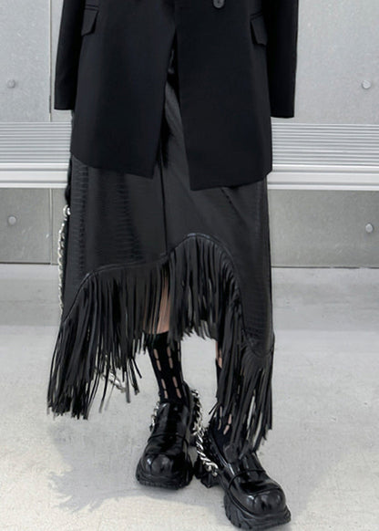 Bohemian Black High Waist Tassel Patchwork Faux Leather A Line Skirt Fall