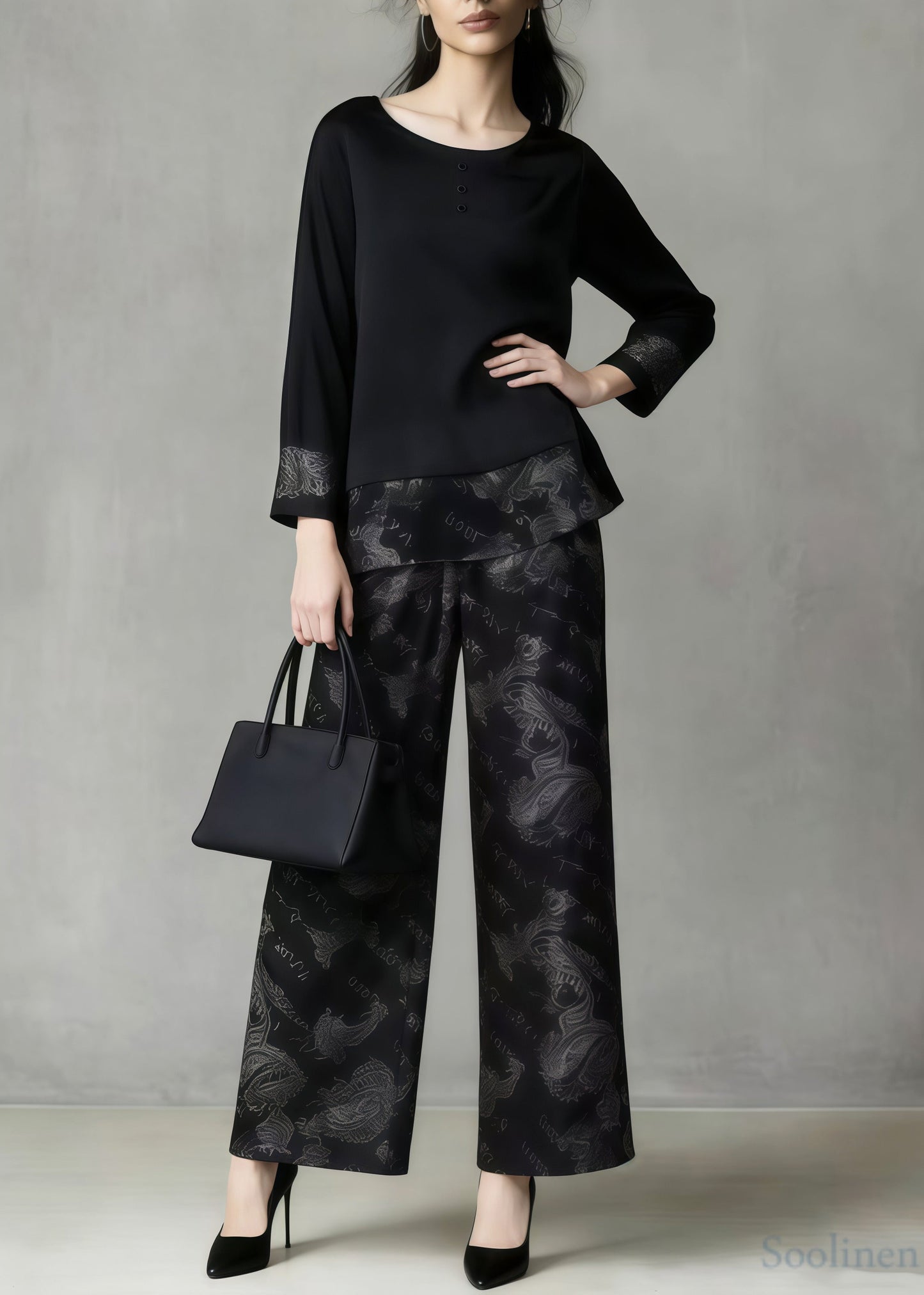 Bohemian Black Oversized Patchwork Print Silk Two Pieces Set Spring