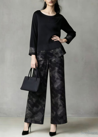 Bohemian Black Oversized Patchwork Print Silk Two Pieces Set Spring