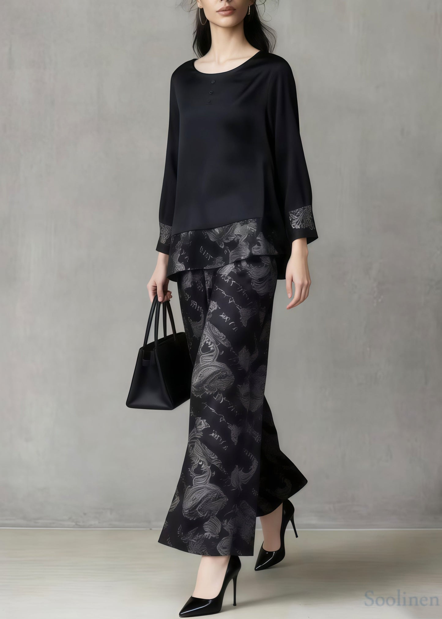 Bohemian Black Oversized Patchwork Print Silk Two Pieces Set Spring