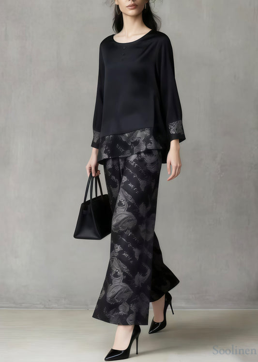Bohemian Black Oversized Patchwork Print Silk Two Pieces Set Spring