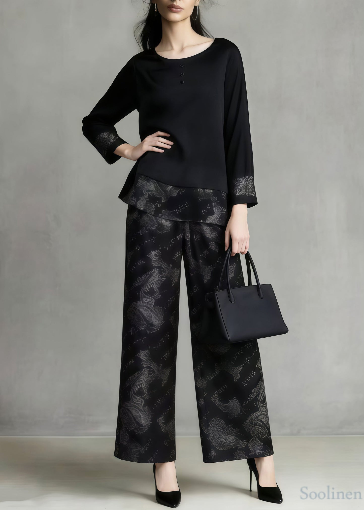 Bohemian Black Oversized Patchwork Print Silk Two Pieces Set Spring
