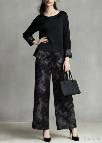 Bohemian Black Oversized Patchwork Print Silk Two Pieces Set Spring