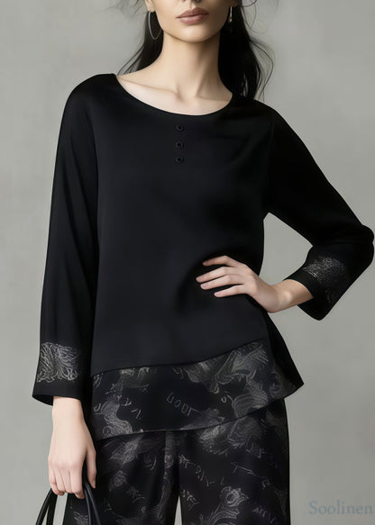 Bohemian Black Oversized Patchwork Print Silk Two Pieces Set Spring