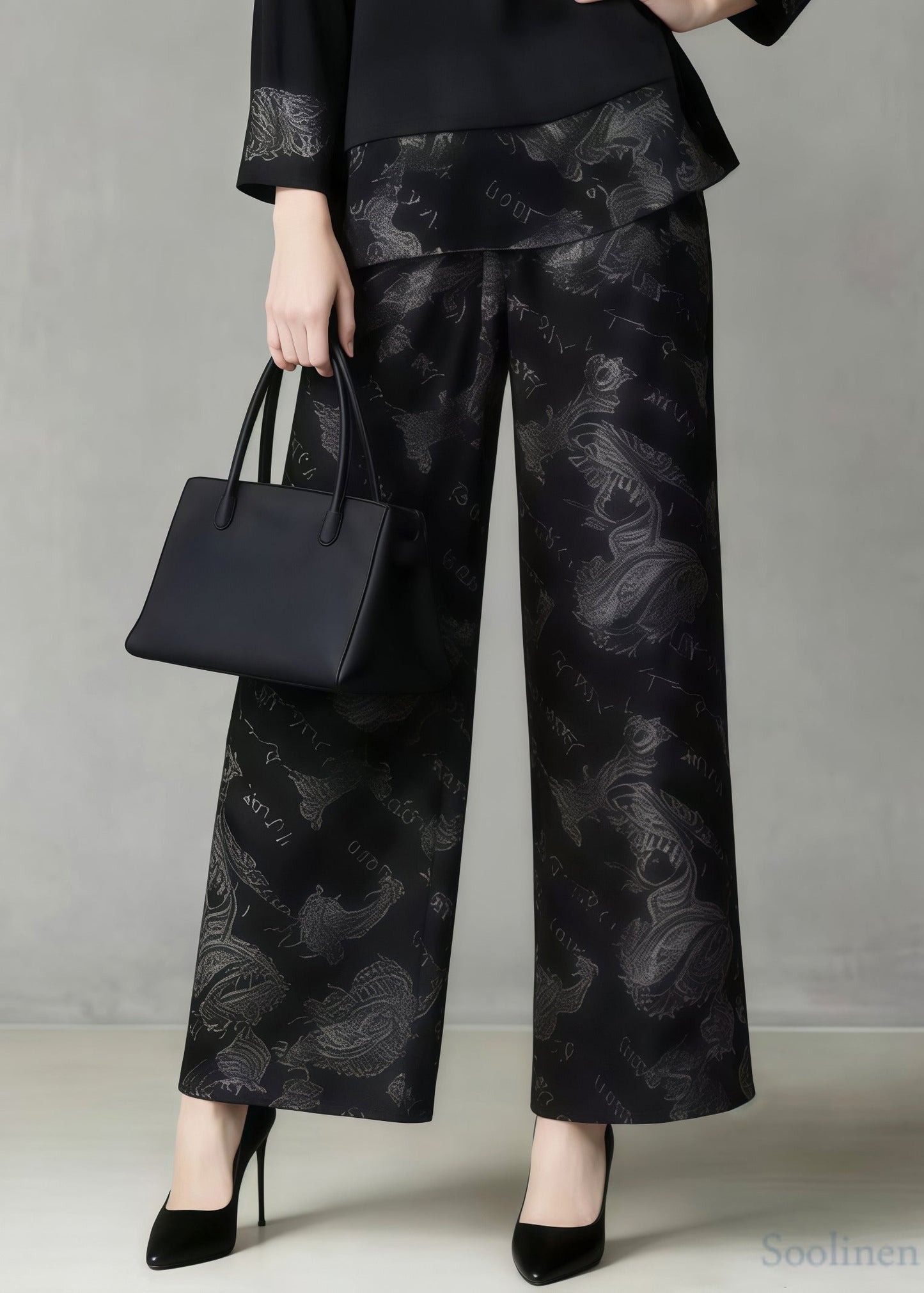 Bohemian Black Oversized Patchwork Print Silk Two Pieces Set Spring