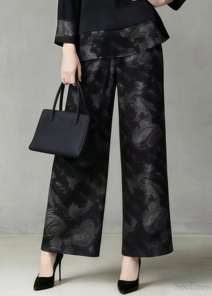 Bohemian Black Oversized Patchwork Print Silk Two Pieces Set Spring