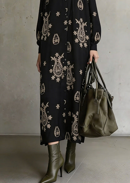 Bohemian Black Stand Collar Print Ankle Dress Lantern Sleeve