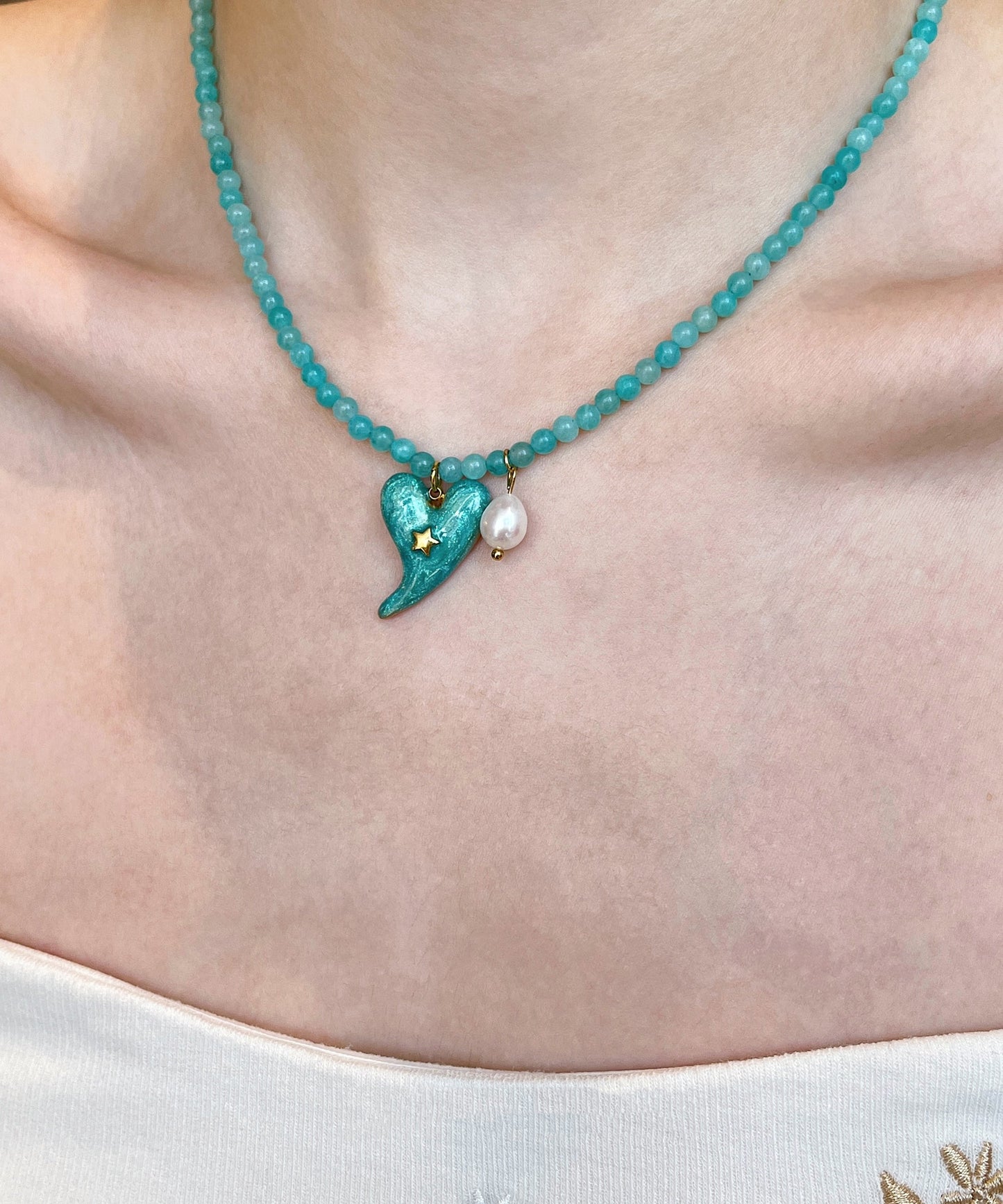 Bohemian Blue Alloy Floral Love Pearl Cat's Eye Stone Beading Pendant Necklace Two-piece set