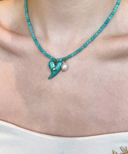 Bohemian Blue Alloy Floral Love Pearl Cat's Eye Stone Beading Pendant Necklace Two-piece set